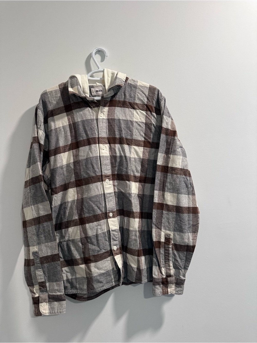 Hollister Men's Plaid Hooded Shirt Jacket - Brown, Gray & Cream